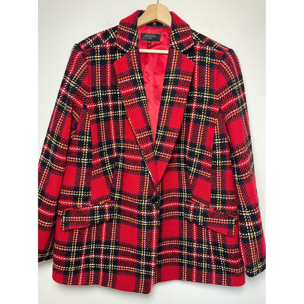 Talbots Red Plaid Blazer Jacket Plus 16W Tartan Tweed Coat Holiday Christmas